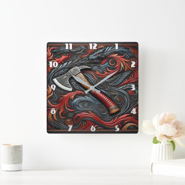 Intriziieren Sie Firemans Ax Amidst Swirling Desig Quadratische Wanduhr (Zuhause)