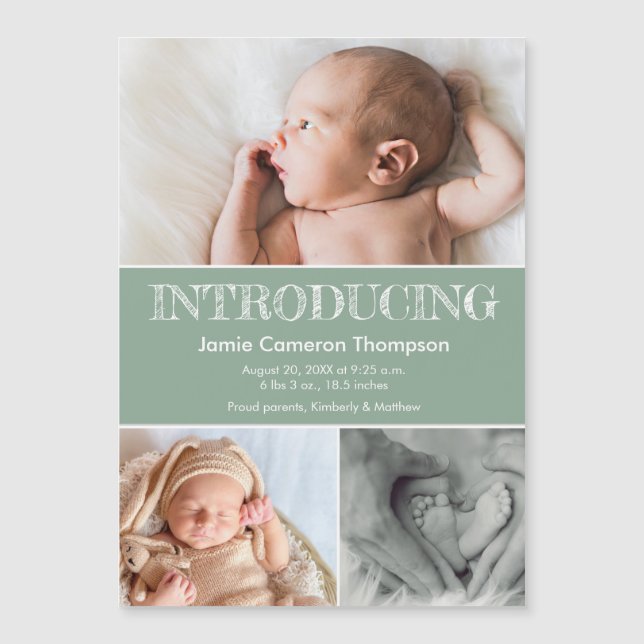 Introducing baby photos green birth announcement magnetkarte (Vorderseite)