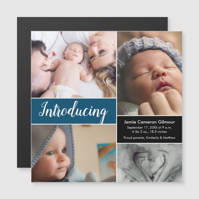 "Introducing" Blue Magnetic Baby Birth Announceme Magneteinladung (Vorne/Hinten)