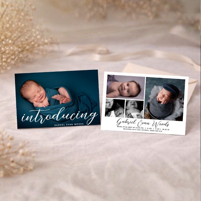 Introducing Personalized Name Photo Collage Birth Ankündigung (Von Creator hochgeladen)