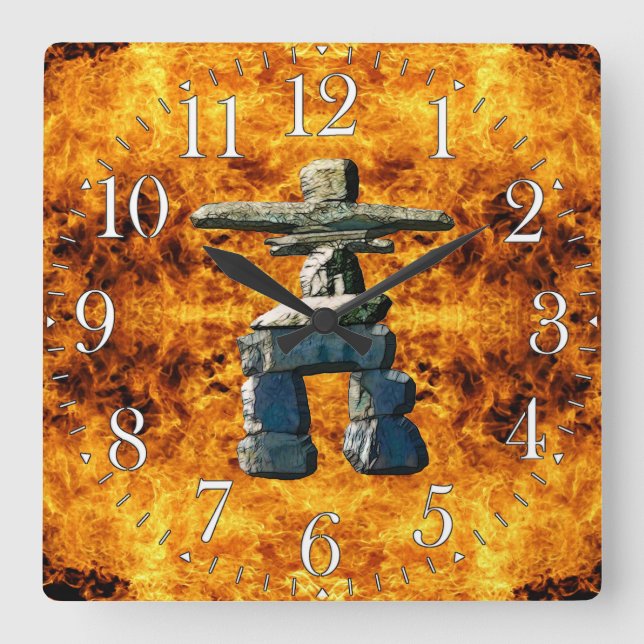 Inukshuk & Fire Indianersteine Quadratische Wanduhr (Vorderseite)