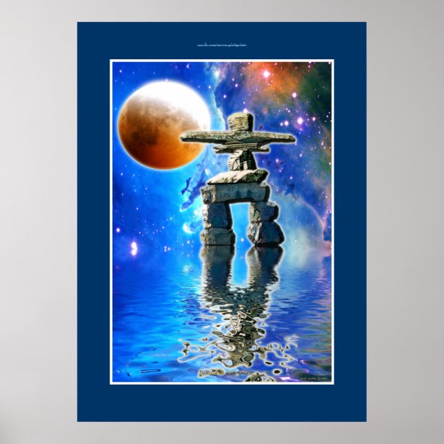 Inukshuk & Galaxy Moon Fantasy Art Poster (Vorne)