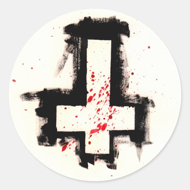 Inverted Bloody Cross Sticker, Blatt von sechs. Runder Aufkleber (Vorderseite)