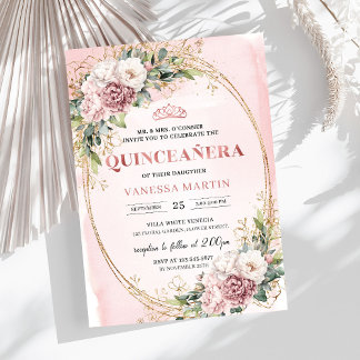 Invitación 15 Años Floral Rosa con Verde Eucalipto Einladung