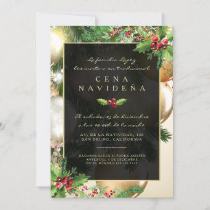 Invitación a una Cena Navideña Acebo y Adornos Einladung