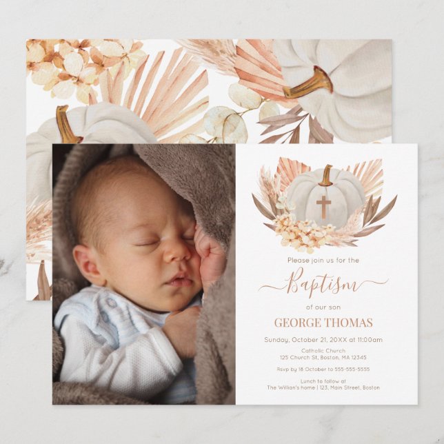 Invitación Baptism Boho white Pumpkin Photo Invita Einladung (Vorne/Hinten)