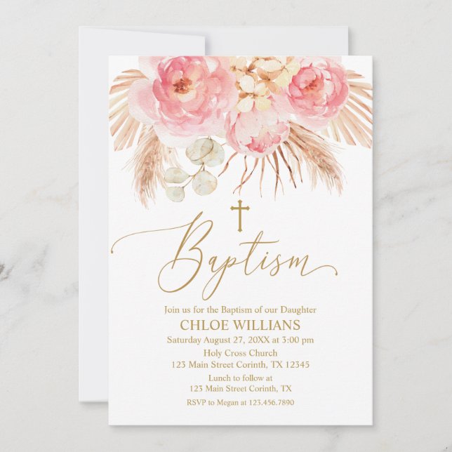 Invitación Baptism Floral pink Boho Pampas Girl In Einladung (Vorderseite)