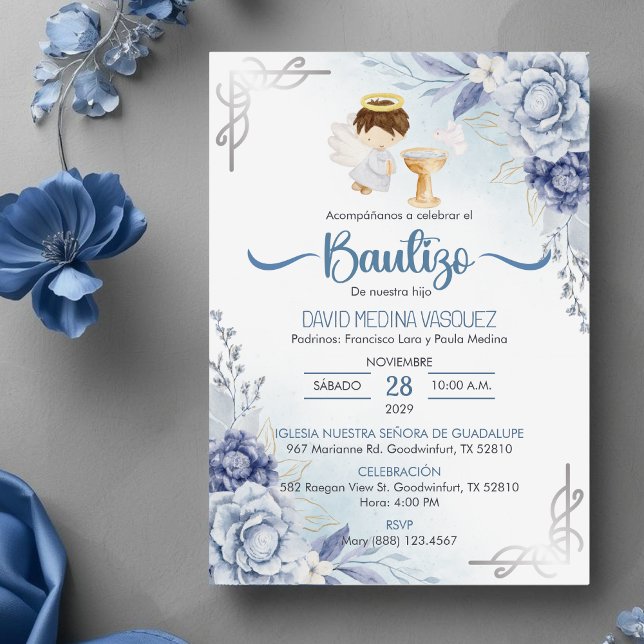 Invitacion Bautizo BLUE Blumen BOY Angel Taufe Einladung (Von Creator hochgeladen)