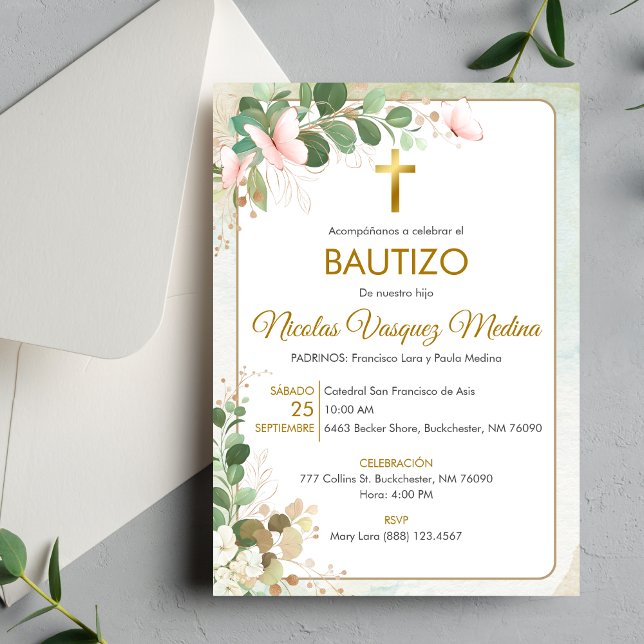 Invitacion Bautizo Green Blätter Religiöse Taufe Einladung (Von Creator hochgeladen)