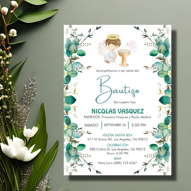 Invitacion Bautizo Niedliche Blätter Boy Angel Tau Einladung (Von Creator hochgeladen)
