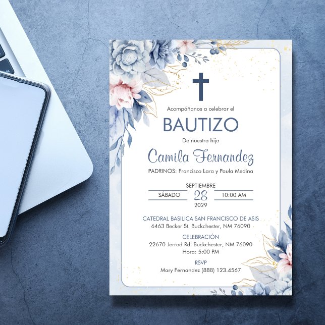 Invitacion Bautizo Religious Blue Flowers Taufe Einladung (Von Creator hochgeladen)
