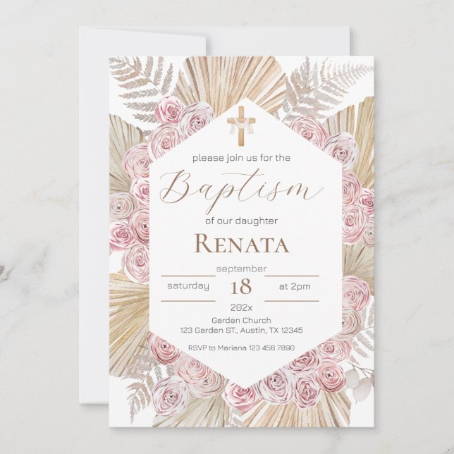 Invitación Boho Baptism Invitation Einladung (Vorderseite)