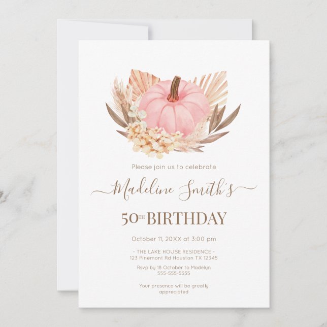 Invitación Boho Pink Pampas Grass Pumpkin Birthday Einladung (Vorderseite)