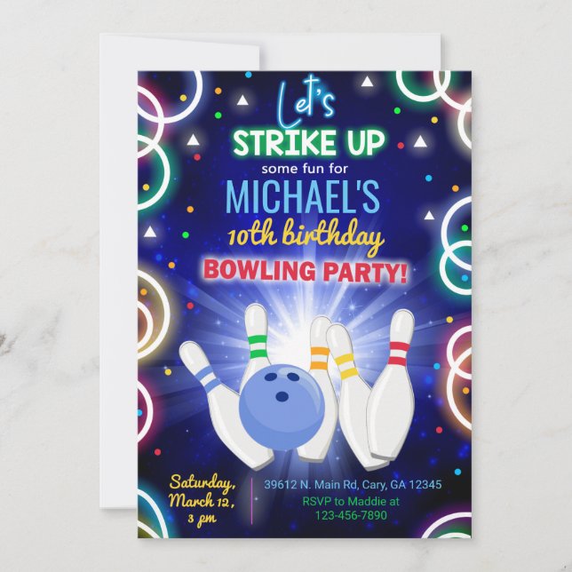 Invitación Bowling, strike up some fun, boy birthd Einladung (Vorderseite)