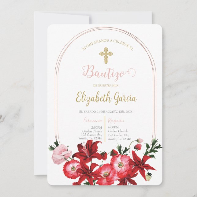 Invitación con flor roja para bautismo einladung (Vorderseite)