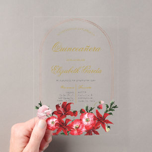 Invitación con flora roja para quinceañera acryleinladungen