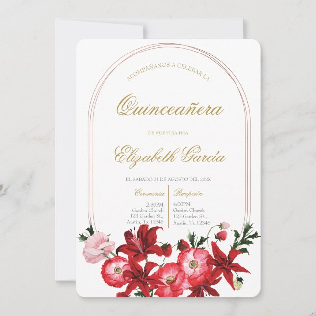 Invitación con flora roja para quinceañera einladung (Vorderseite)