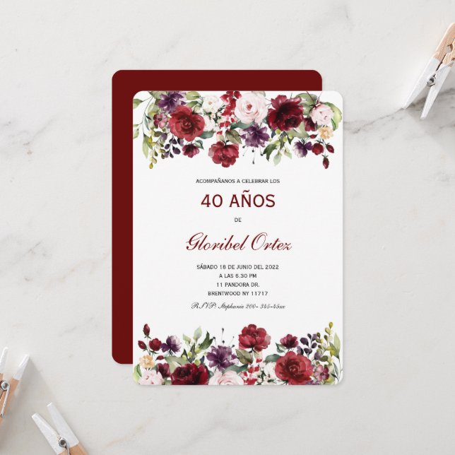 Invitación de 40 Años Mujer Einladung (Vorderseite/Rückseite Beispiel)