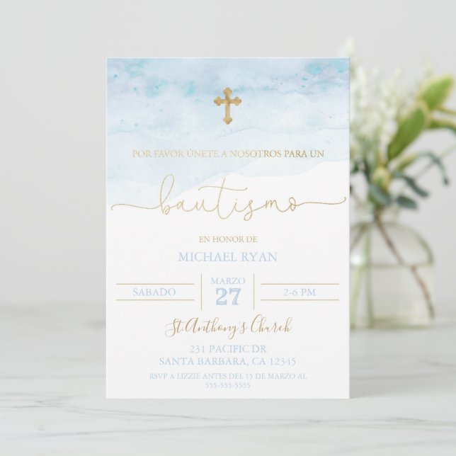 Invitación de bautismo azul y dorada para bebé einladung (Stehend Vorderseite)