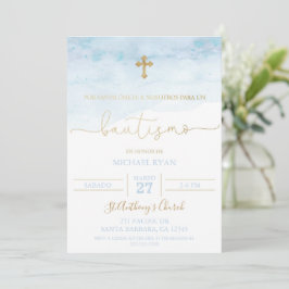 Invitación de bautismo azul y dorada para bebé einladung