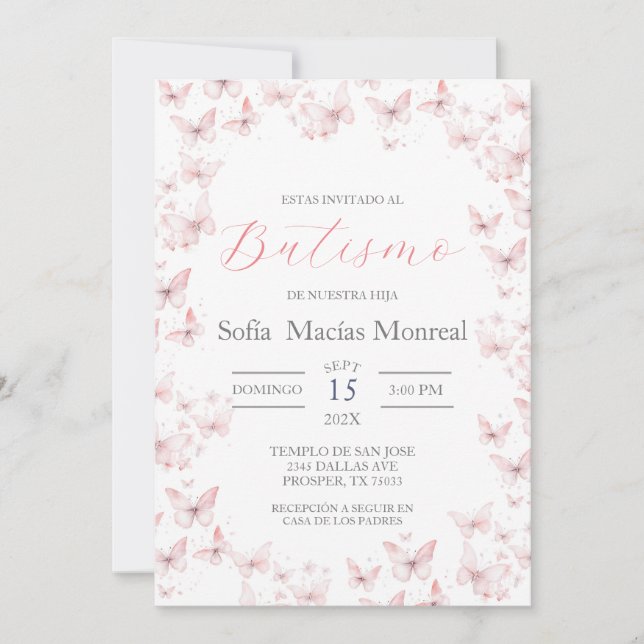 Invitación de bautismo con mariposas para niña einladung (Vorderseite)