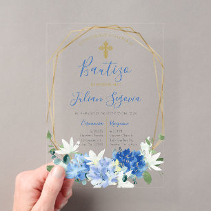 Invitación de bautismo floral azul en español acryleinladungen