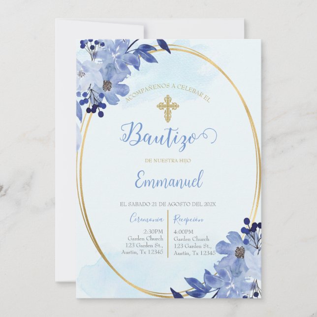 Invitación de bautismo floral azul en español einladung (Vorderseite)