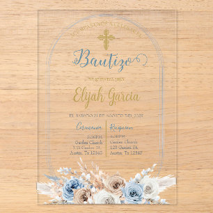 Invitación de bautismo floral azul en español invi acryleinladungen
