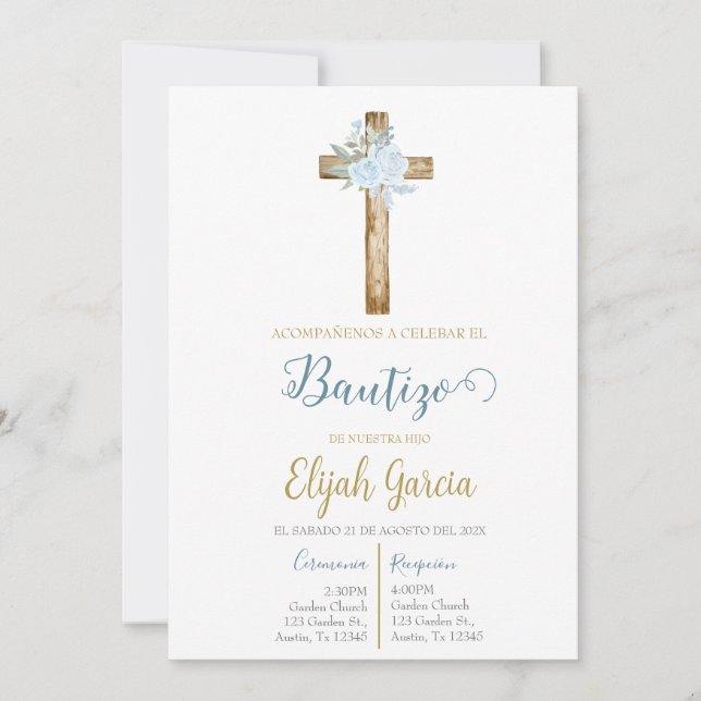 Invitación de bautismo floral azul en español invi einladung (Vorderseite)