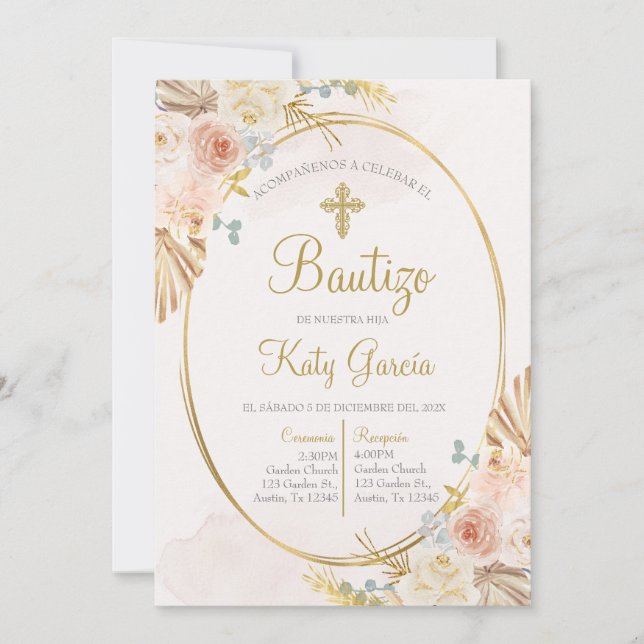 Invitación de bautismo floral boho en español einladung (Vorderseite)