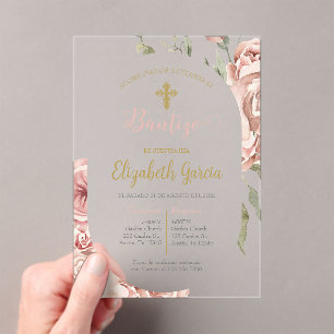 Invitación de bautismo floral rosa en español acryleinladungen