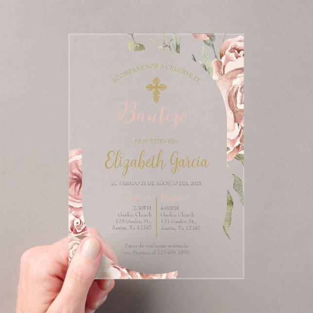 Invitación de bautismo floral rosa en español acryleinladungen (Insitu (Handheld))