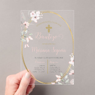 Invitación de bautismo floral rosa en español acryleinladungen