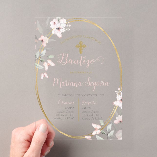 Invitación de bautismo floral rosa en español acryleinladungen (Insitu (Handheld))