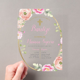 Invitación de bautismo floral rosa en español acryleinladungen