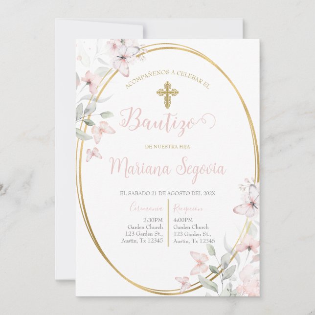 Invitación de bautismo floral rosa en español einladung (Vorderseite)