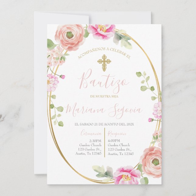 Invitación de bautismo floral rosa en español einladung (Vorderseite)