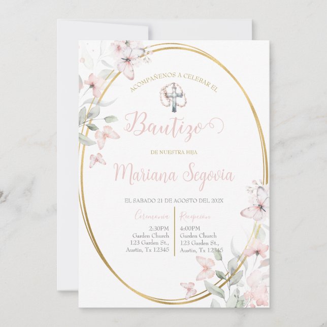 Invitación de bautismo floral rosa en español invi einladung (Vorderseite)