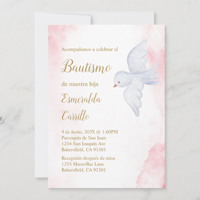 Invitación de bautismo para niña con paloma blanca einladung (Vorderseite)