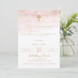Invitación de bautismo rosa y dorada para niña einladung