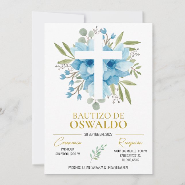 Invitación de bautizo flores azul y verde einladung (Vorderseite)