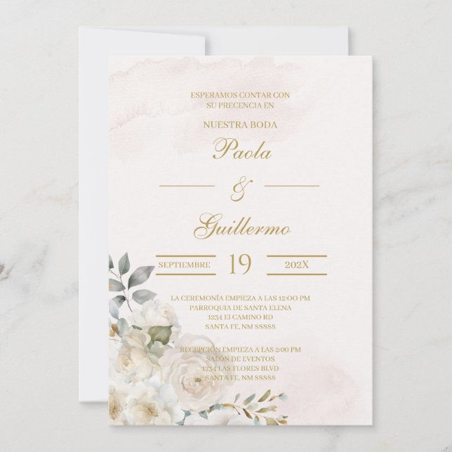 Invitación de boda beige con flor blanca einladung (Vorderseite)