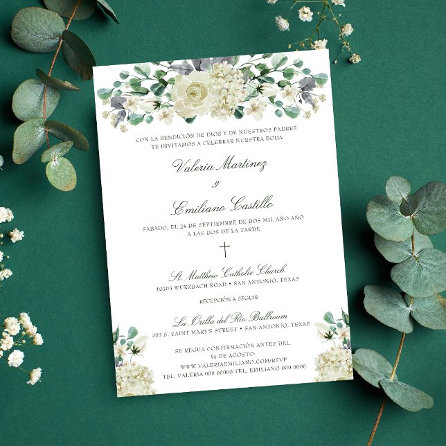 Invitación de Boda Catolica Einladung (Invitación de boda católica en español con flores blancas y vegetación.)