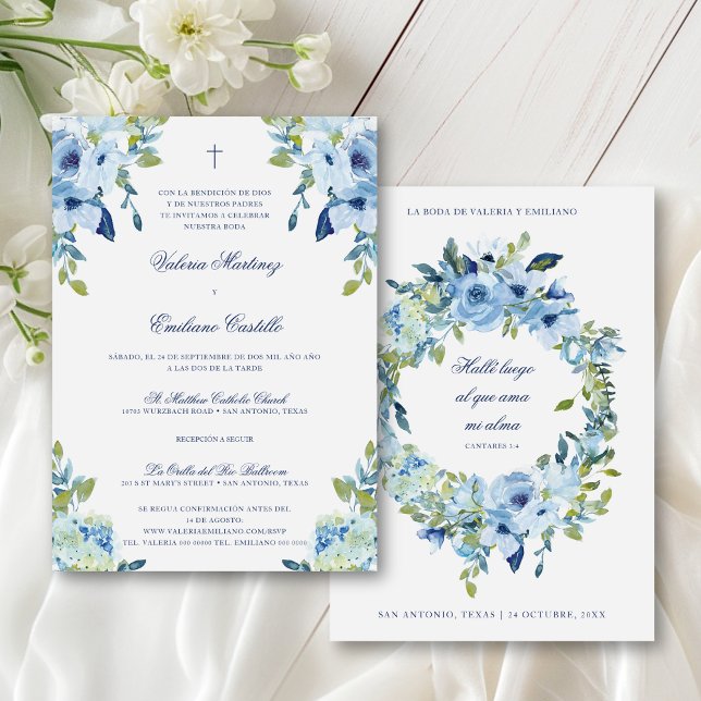 Invitación de Boda Católica Einladung (Invitación de boda católica en español con flores azules y cruz cristiana.)