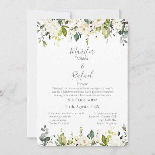 Invitación de boda con hojas verde y rosas blancas einladung (Vorderseite)