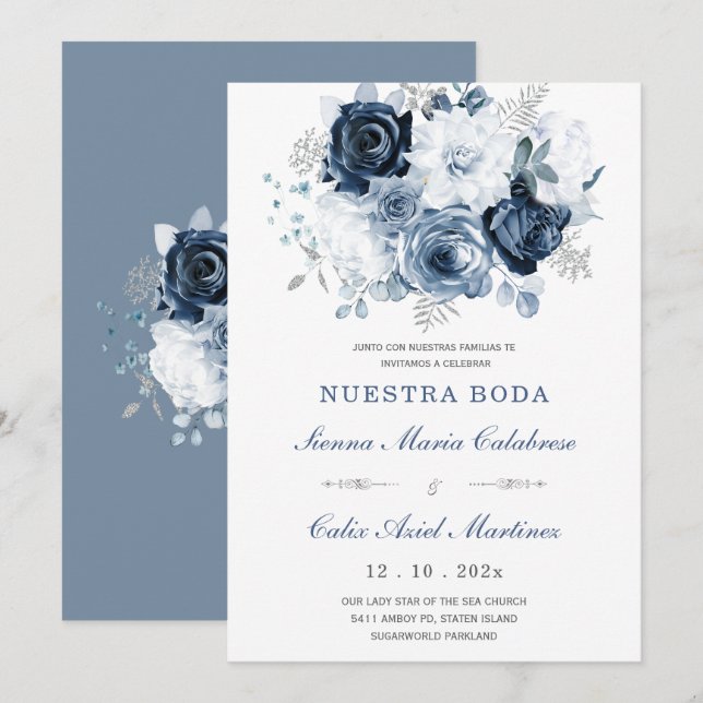 Invitación De Boda Elegante Con Rosas Azules Einladung (Vorne/Hinten)