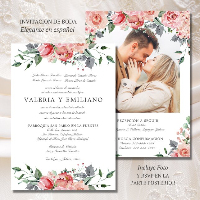Invitación de Boda Elegante Spanische Hochzeit Einladung (Elegante invitación de boda en español con foto y RSVP)