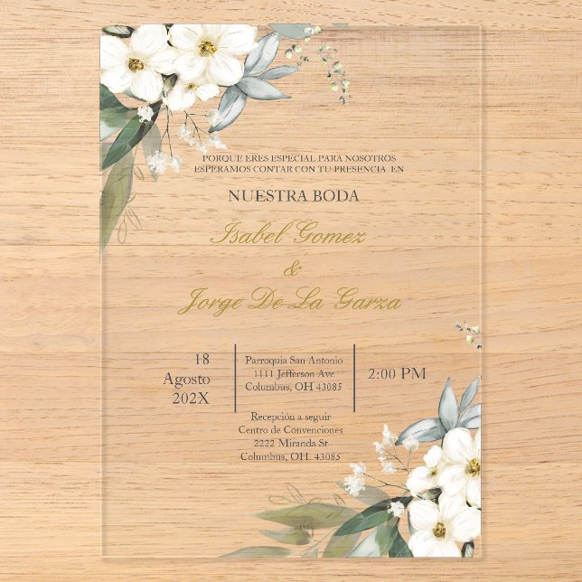 Invitacion de boda en espanol con flor blanca acryleinladungen (Vorderseite)