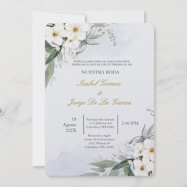 Invitacion de boda en espanol con flor blanca einladung (Vorderseite)
