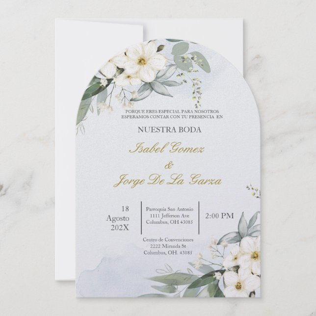 Invitacion de boda en espanol con flor blanca einladung (Vorderseite)